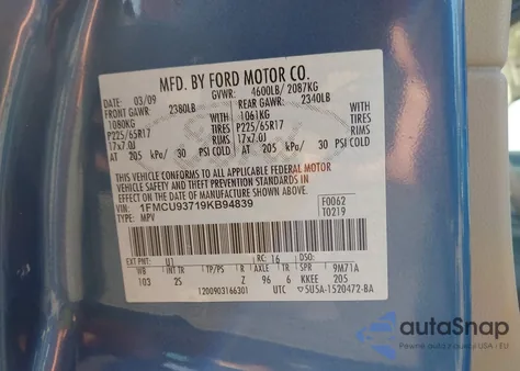 2009 Ford Escape Xlt из США, поврежденный, VIN 1FMCU93719KB94839